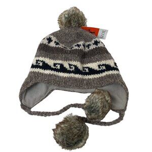 Nepal Wool Hat Brown Knit Ear Flaps with Pompoms Fleece Lined by Sijjl NWT